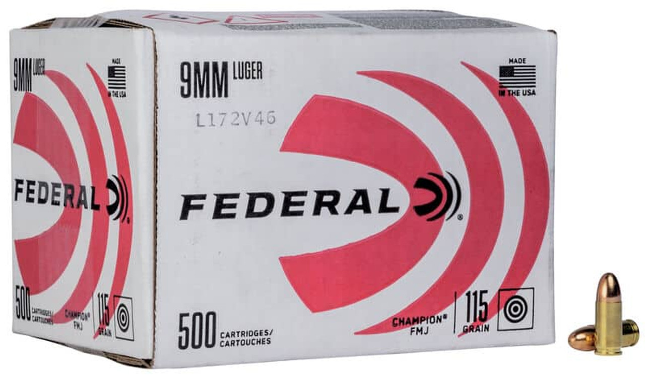Federal Champion 9mm Ammo 115 Grain FMJ 500 round bulk pack Federal Champion 9mm Ammo 115 Grain FMJ 500 round bulk pack