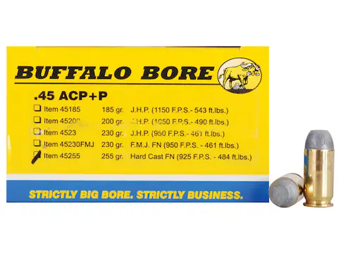 Buffalo Bore Outdoorsman 45 ACP +P Ammo 255 Grain Flat Nose Box of 20