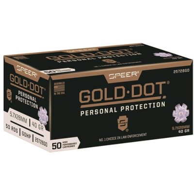 Speer Gold Dot 5.7x28mm 40-grain jacketed hollow point ammunition case with 1000 rounds of defensive ammo