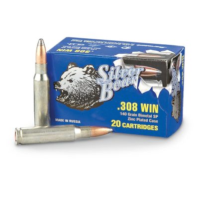 Silver Bear 308 Winchester SP Ammo 140 Grain Soft Point zinc plated steel case ammunition
