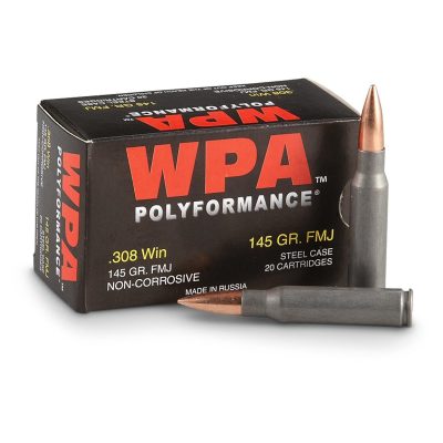 Wolf WPA Polyformance 308 Winchester Ammo 145 Grain FMJ steel cased rifle ammunition