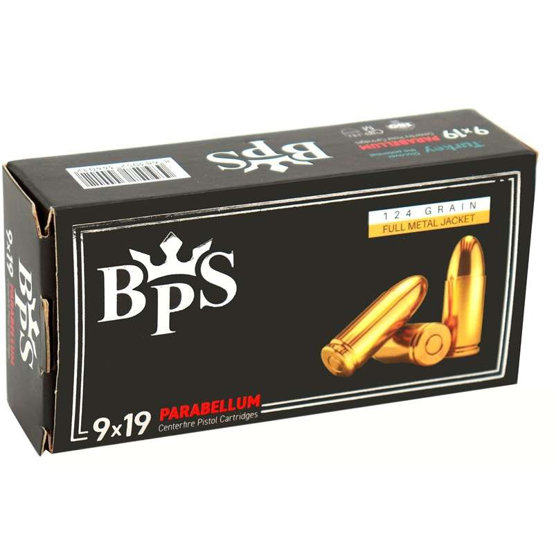 BPS, 9mm Luger Ammo, FMJ, 1213 fps, ft. lbs, Boxer, Brass BPS 9mm Ammo 124 Grain Full Metal Jacket