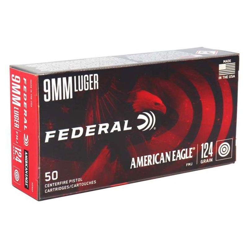 Federal American Eagle 9mm Luger Ammo 124 Grain Full Metal Jacket Federal American Eagle 9mm 124 Grain FMJ brass case ammunition