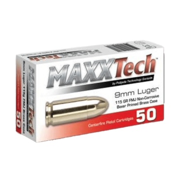 MaxxTech 9mm ammo 115 grain FMJ brass case range ammunition