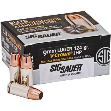 Sig Sauer V-Crown 9mm ammo 124 grain JHP brass case self defense ammunition
